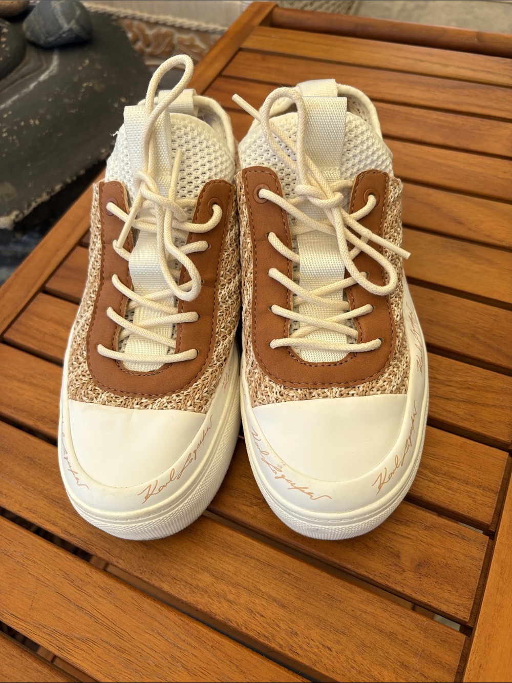 Karl Lagerfeld Cream and Tan Knit Leather Lace-Up Sneakers